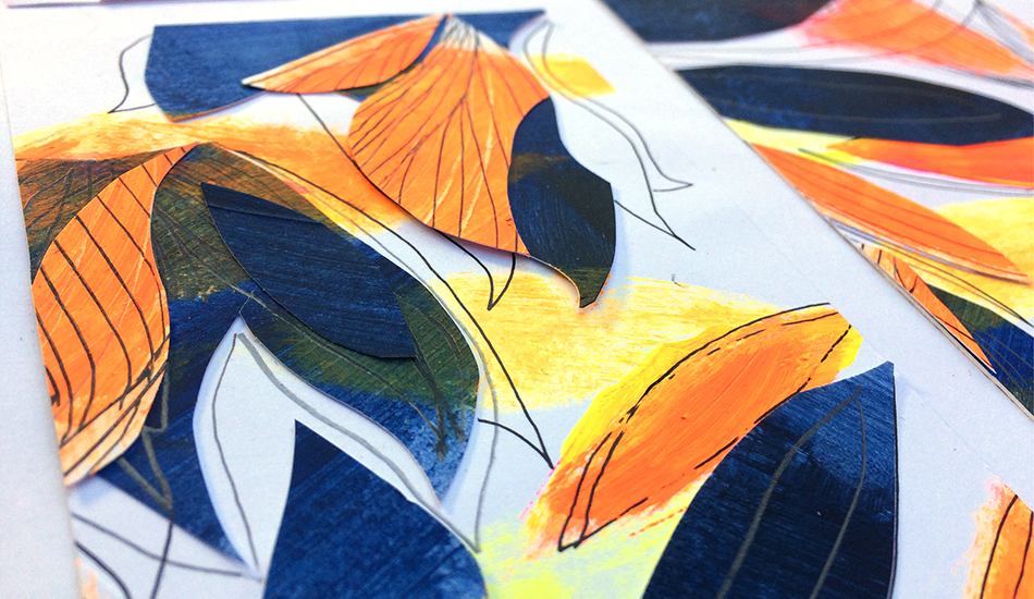 Technique mixte abstraite - Composition feu, bleu et orange fluo 3