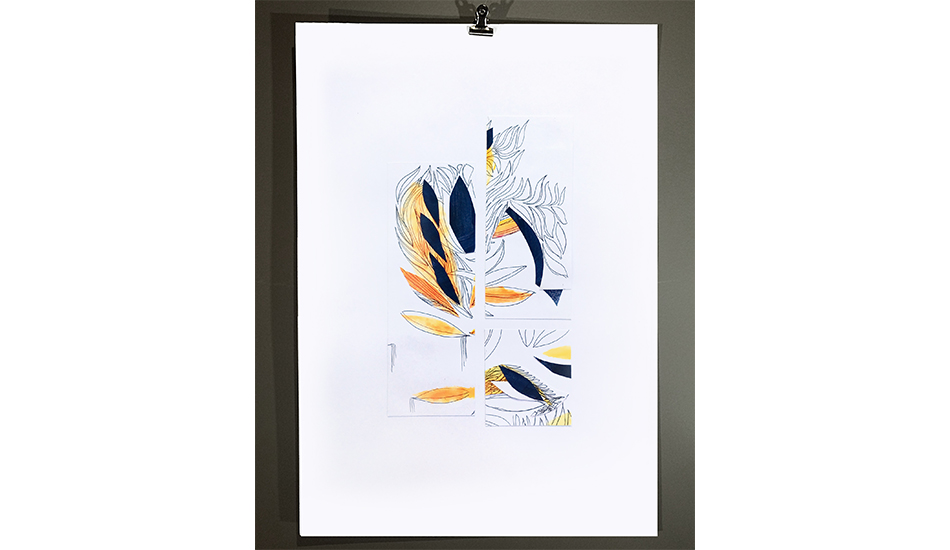 Technique mixte abstraite - Composition feu, bleu et orange fluo 4